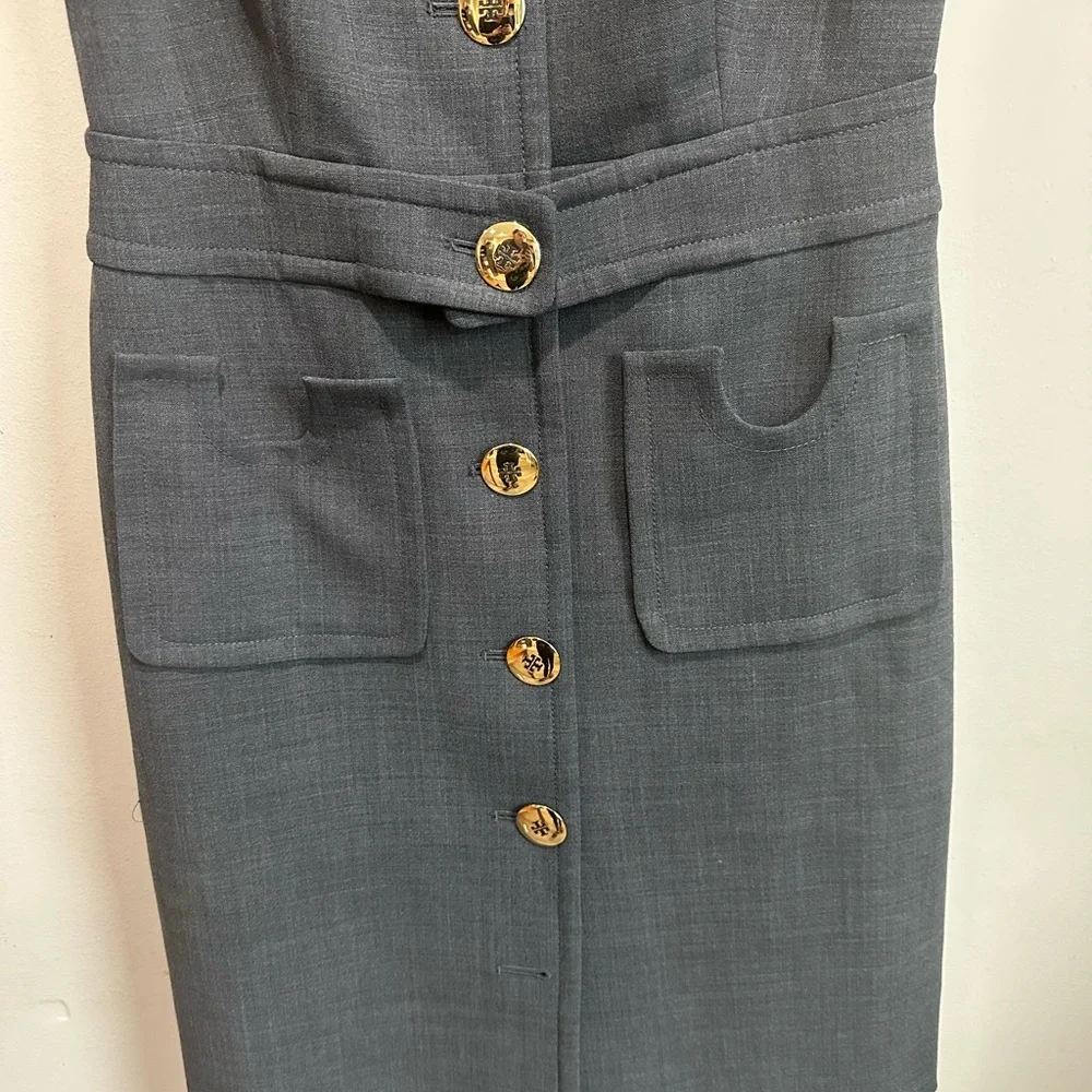 Tory Burch Gray Sleeveless Dress with Gold Buttons